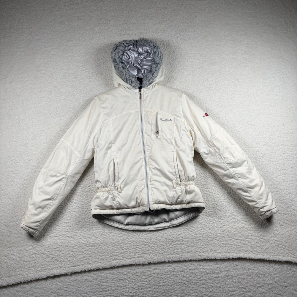 Southpole Puffer Jacket Juniors Faux Fur Hood Down Fill M White Y2K Streetwear